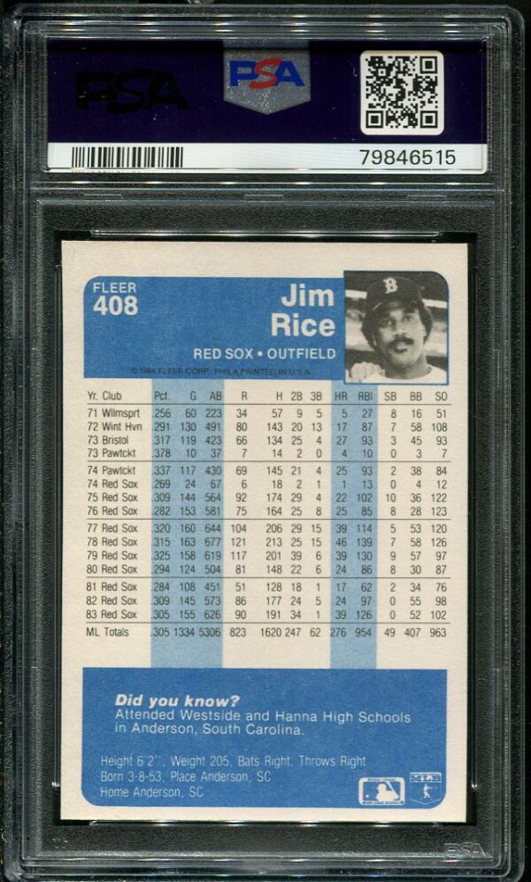 Authentic 1984 Fleer #408 Jim Rice PSA 9 Baseball Card