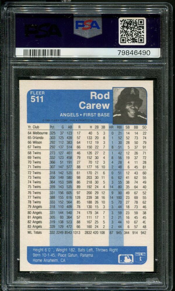 Authentic 1984 Fleer #511 Rod Carew PSA 9 Baseball Card