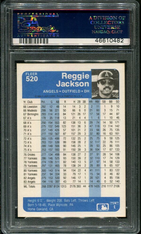 Authentic 1984 Fleer #520 Reggie Jackson PSA 10 Baseball Card