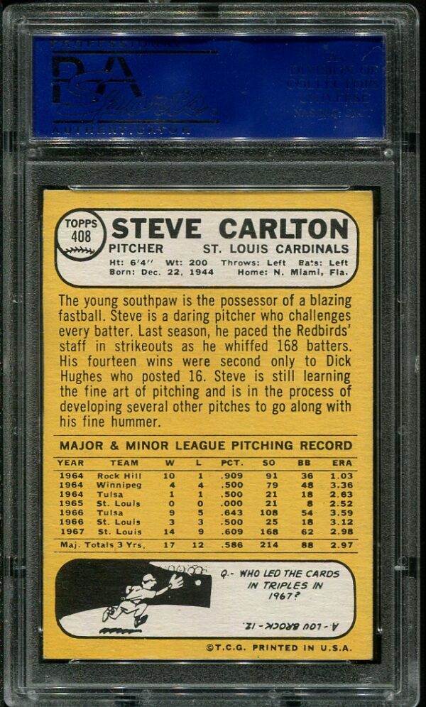 Authentic 1968 Topps #408 Steve Carlton PSA 7 Baseball Card