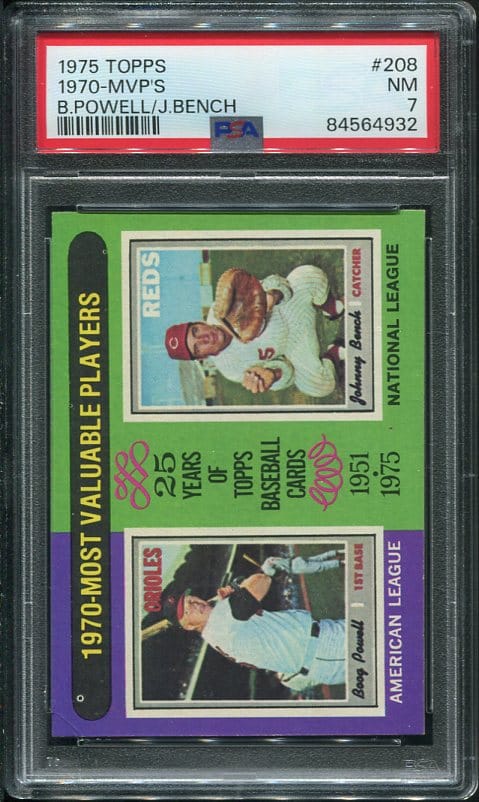 Authentic 1975 Topps #208 1970 MVP's Boog Powell & Johnny Bench PSA 7 Baseball Card