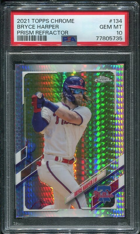 Authentic 2021 Topps Chrome Prism Refractor Bryce Harper PSA 10 Baseball Card