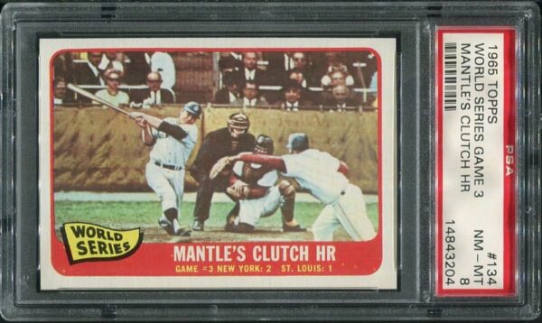 1965 Topps #134 World Series Game 3 Mickey Mantle's Clutch HR PSA 8 Baseball Card