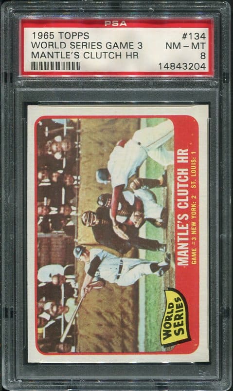 1965 Topps #134 World Series Game 3 Mickey Mantle's Clutch HR PSA 8 Baseball Card