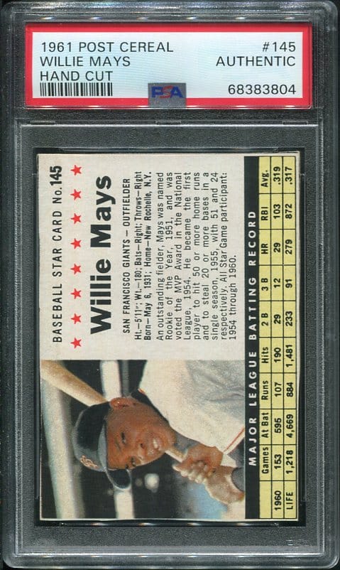 Authentic 1961 Post Cereal #145 Willie Mays PSA Authentic Hand Cut Baseball Card