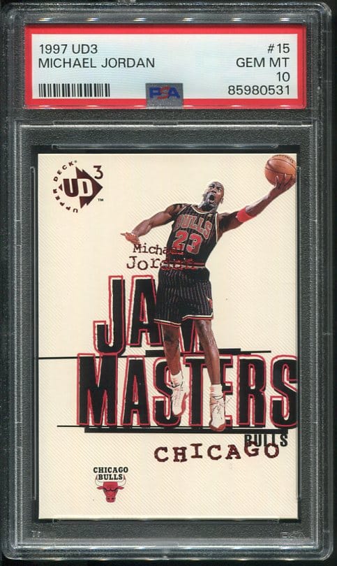 Hall of Famer Michael Jordan's 1997 UD3 #15 basketball card with a GEM MINT PSA 10 grade