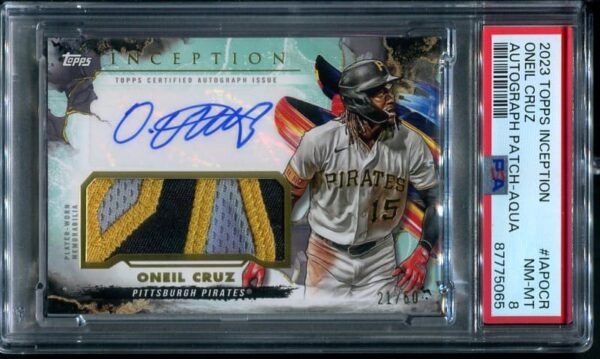 Authentic Autographed ONeil Cruz PSA 8 Aqua 3 Color Patch Baseball Card