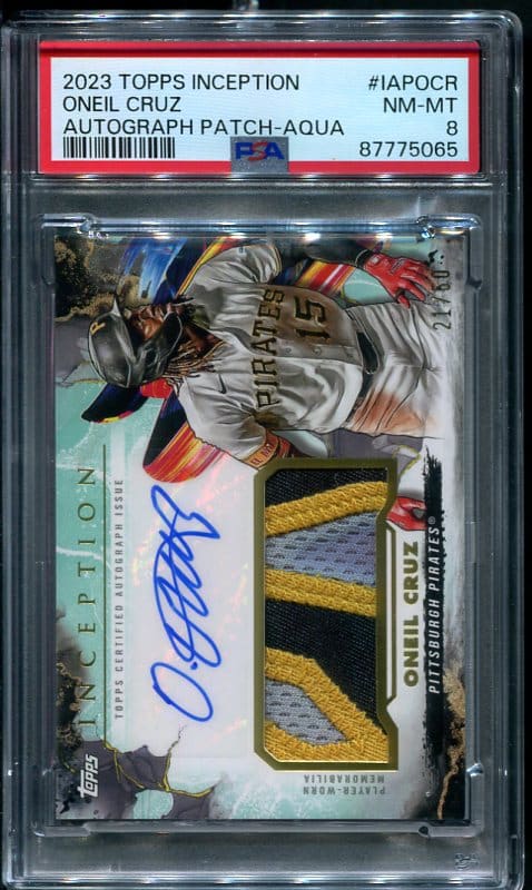 Authentic Autographed ONeil Cruz PSA 8 Aqua 3 Color Patch Baseball Card