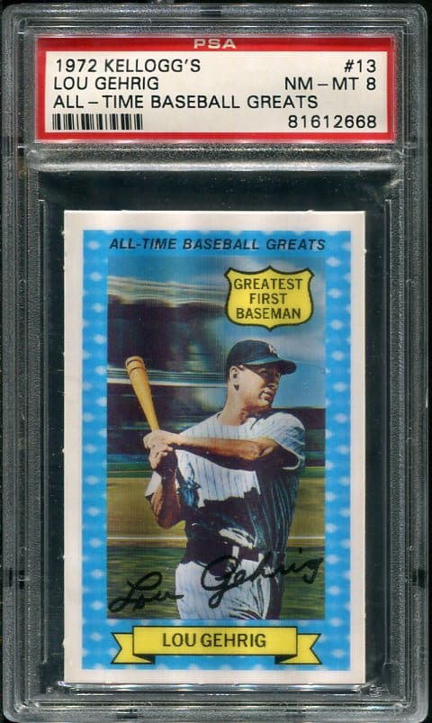 Authentic 1972 Kellogg's #13 Lou Gehrig All Time Baseball Greats PSA 8 Baseball Card