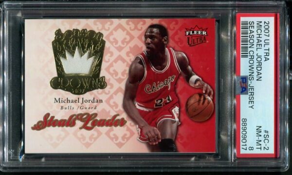 Authentic 2007 Fleer Ultra #SC-2 Michael Jordan Season Crowns PSA 8 Game Used Jersey Basketball Card