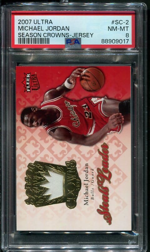 Authentic 2007 Fleer Ultra #SC-2 Michael Jordan Season Crowns PSA 8 Game Used Jersey Basketball Card