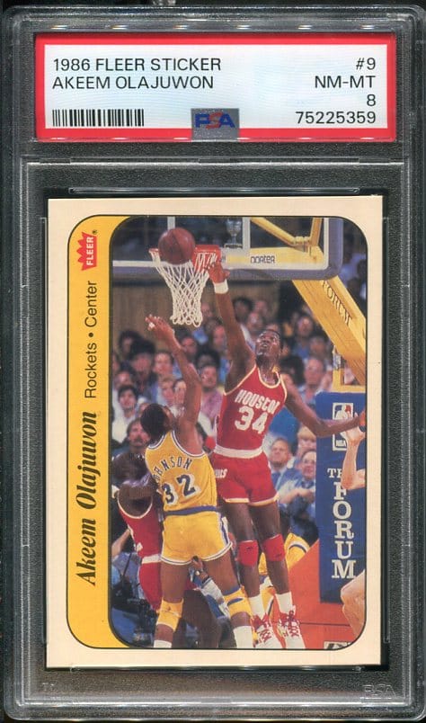 Authentic 1986 Fleer Sticker #9 Akeem Olajuwon PSA 8 Basketball Card