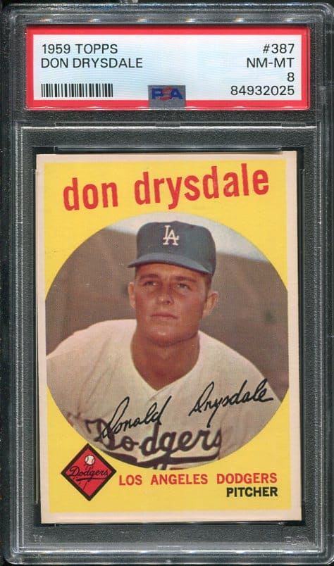 Authentic 1959 Topps #387 Don Drysdale PSA 8 Baseball Card