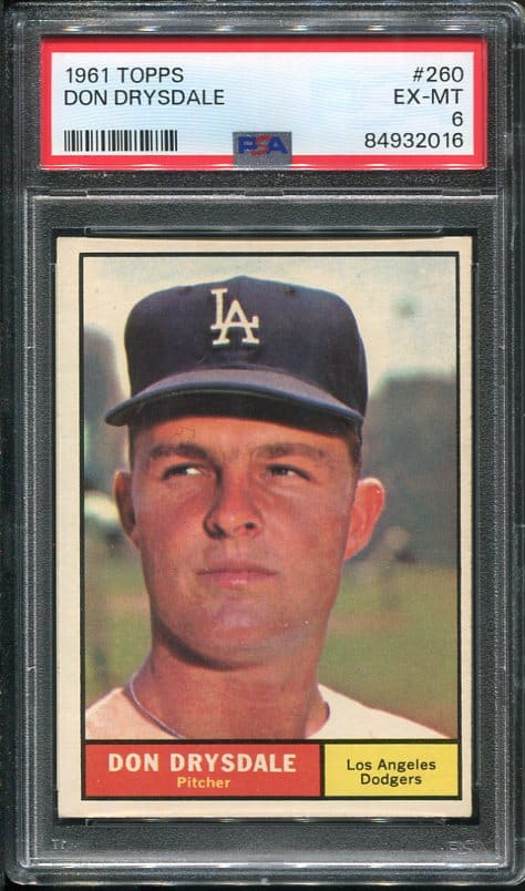 Authentic 1961 Topps #260 Don Drysdale PSA 6 Baseball Card