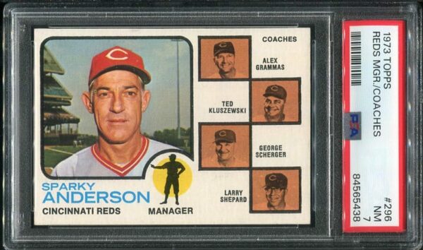 Authentic 1973 Topps #296 Reds Manager Sparky Anderson PSA 7 Baseball Card