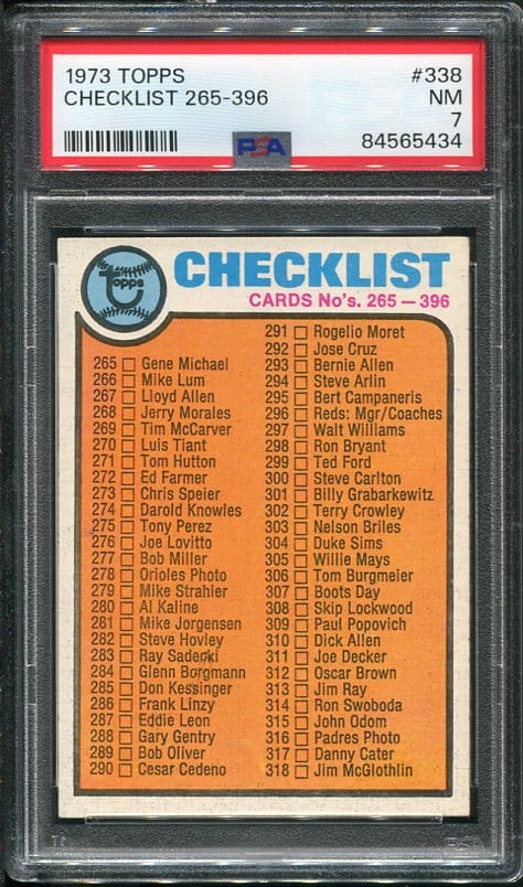 Authentic 1973 Topps #338 Checklist PSA 7 Baseball Card