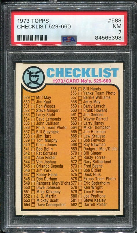 Authentic 1973 Topps #588 Checklist PSA 7 Baseball Card