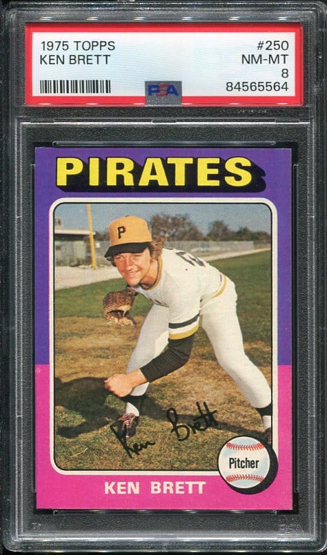 Authentic 1975 Topps #250 Ken Brett PSA 8 Baseball Card