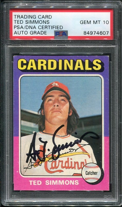 Authentic 1975 Topps #75 Ted Simmons PSA 10 Auto Grade Autographed Baseball Card