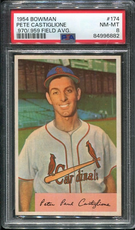 Authentic 1954 Bowman #174 Pete Castiglione PSA 8 Baseball Card