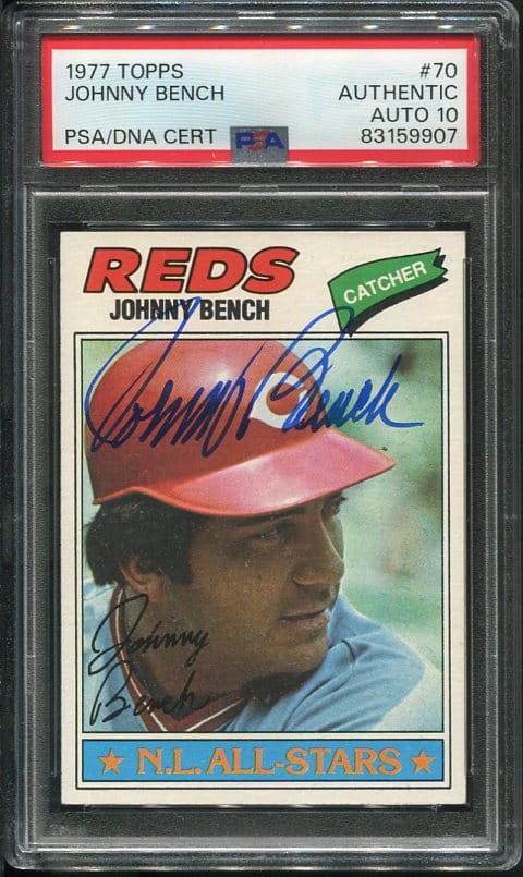 Authentic 1977 Topps #70 Johnny Bench Autographed Baseball Card