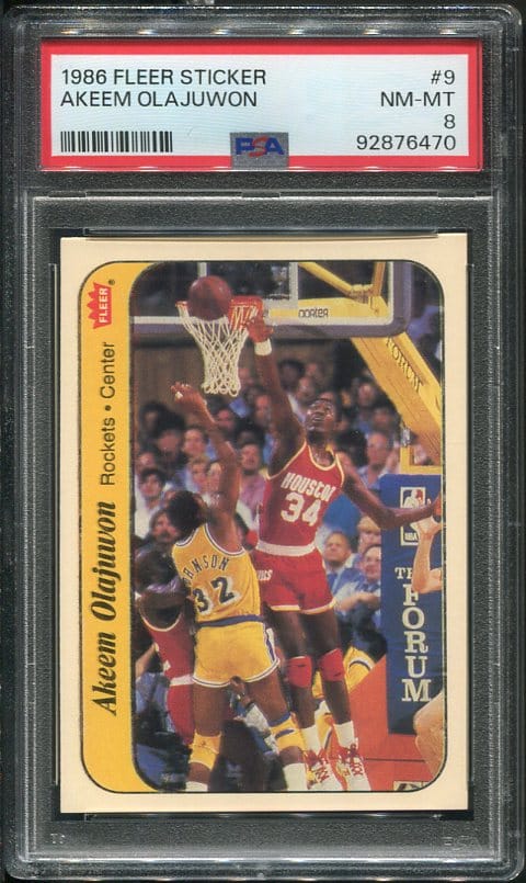 Authentic 1986 Fleer Sticker #9 Akeem Olajuwon PSA 8 Basketball Card