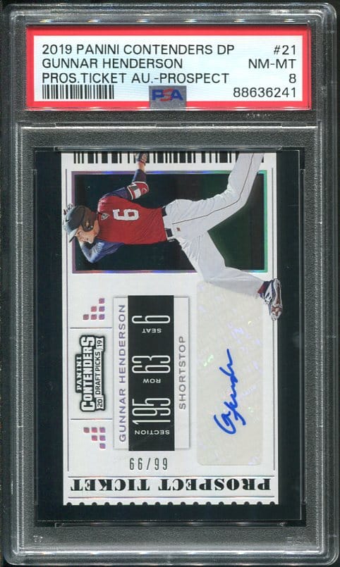 Authentic 2019 Panini Contenders Gunnar Henderson Autographed Ticket PSA 8 Rookie Baseball Card