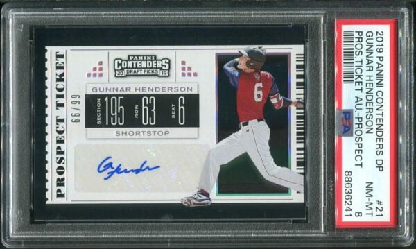 Authentic 2019 Panini Contenders Gunnar Henderson Autographed Ticket PSA 8 Rookie Baseball Card