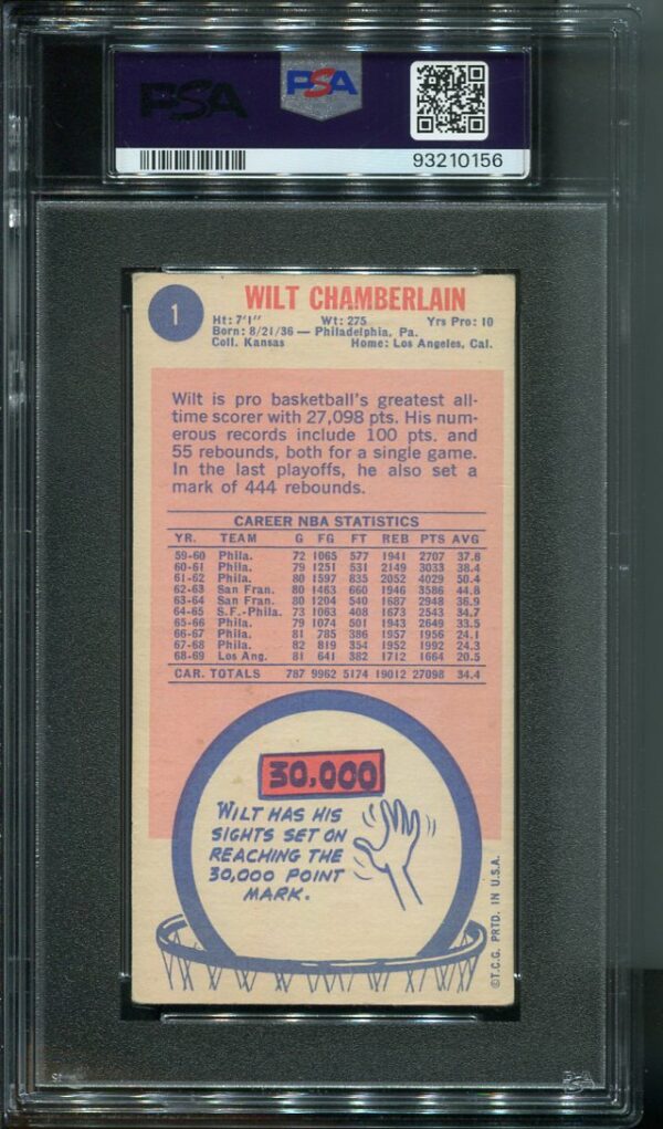 Authentic 1969 Topps #1 Wilt Chamberlain PSA 4 Basketball Card