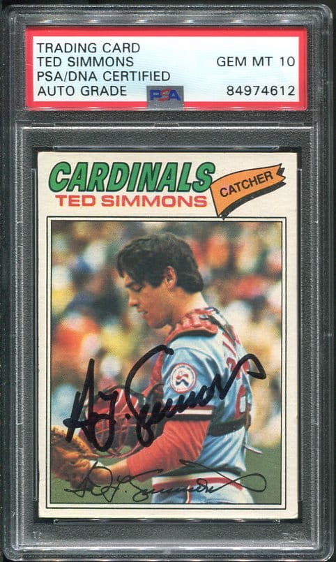 Authentic 1977 Topps #470 Ted Simmons PSA 10 Autographed Baseball Card