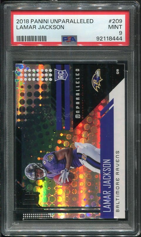 Authentic 2018 Panini Unparalleled #209 Lamar Jackson PSA 9 Rookie Football Card