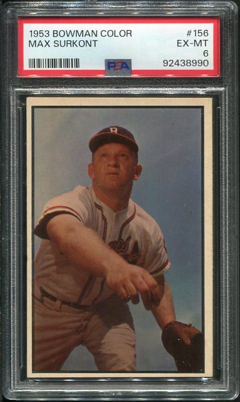 Authentic 1953 Bowman Color #156 Max Surkont PSA 6 Baseball Card