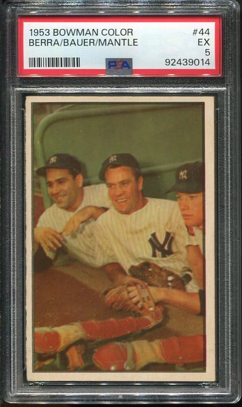 Authentic 1953 Bowman Color #44 Berra, Bauer, Mantle PSA 5 Baseball Card