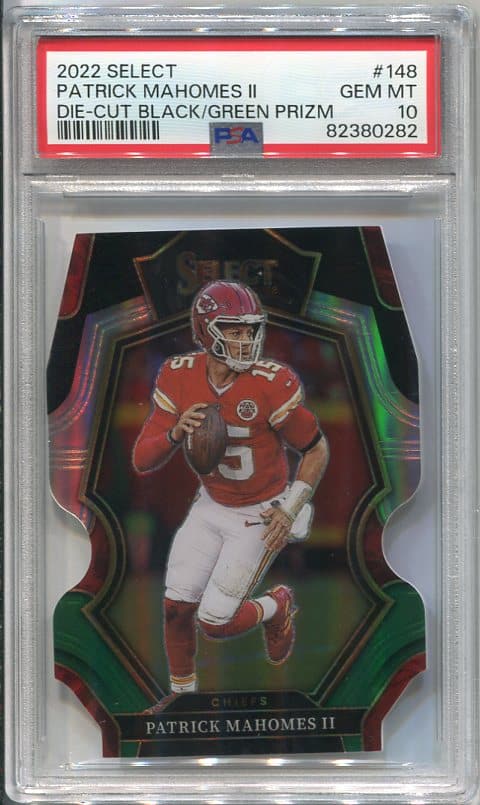 Authentic 2022 Panini Select #148 Patrick Mahomes Black/Green Prizm Die-Cut PSA 10 Football Card