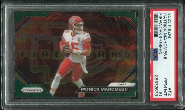 Authentic 2023 Panini Prizm Fireworks Green #F2 Mahomes PSA 10 Football Card