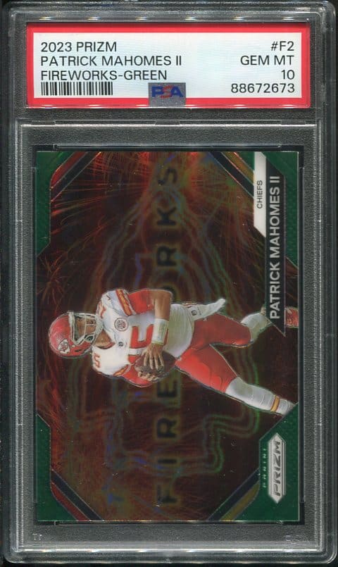 Authentic 2023 Panini Prizm Fireworks Green #F2 Mahomes PSA 10 Football Card