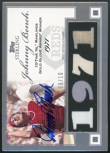 Authentic 2006 Topps Sterling Moments Johnny Bench Autographed Serial Numbered Quad Relic Baseball Card