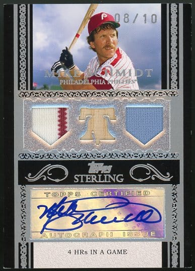 Authentic 2007 Topps Sterling Moments Mike Schmidt Autographed Triple Relic Baseball Card