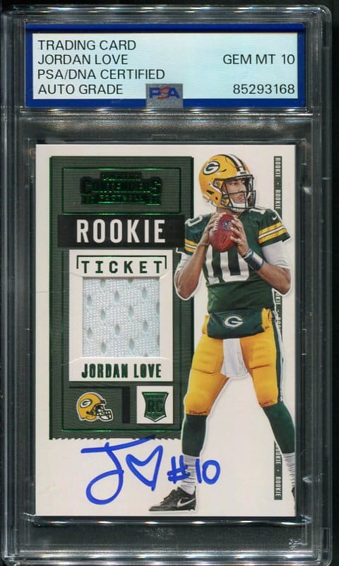 Authentic Autographed 2020 Panini Contenders #RSV-JLO Jordan Love Rookie Ticket Jersey Emerald PSA/DNA 10 Football Card