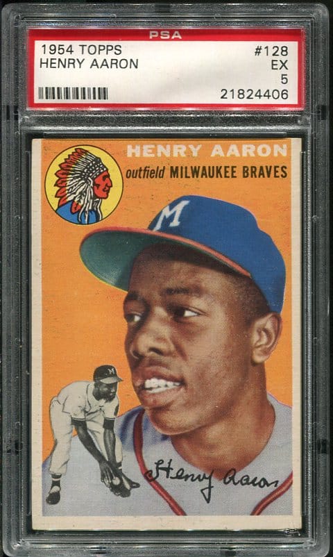 Authentic 1954 Topps #128 Hank Aaron Rookie Baseball Card with an EX PSA 5 grade