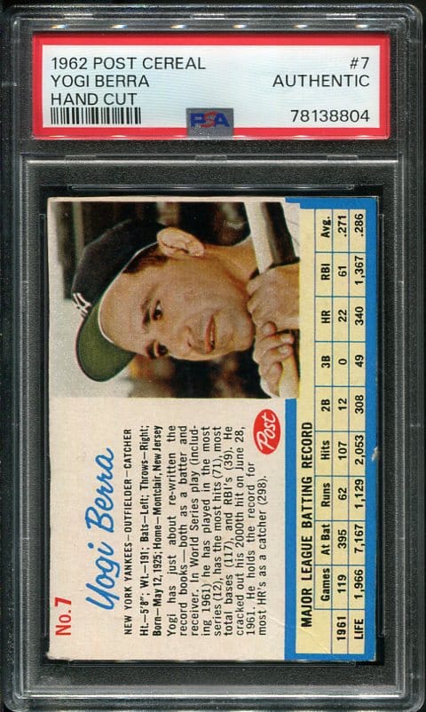 Authentic 1962 Post Cereal Yogi Berra PSA Authentic Hand Cut Baseball Card