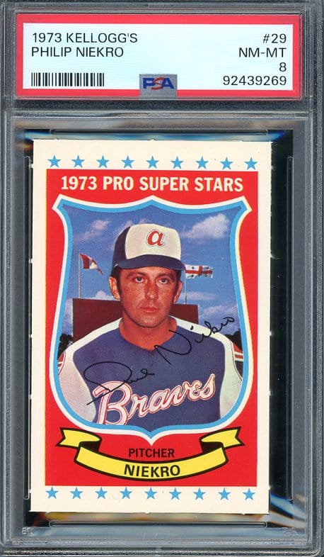 Authentic 1973 Kellogg's #29 Phil Niekro PSA 8 Baseball Card