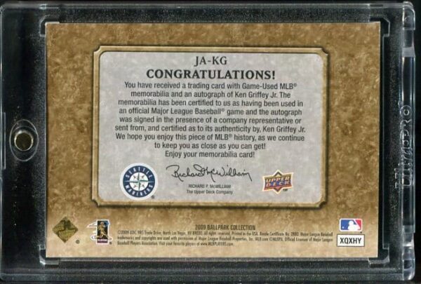 Authentic Autographed 2000 Upper Deck Ballpark Collection #JA-KG Ken Griffey, Jr. Game-Used Jersey Swatch Baseball Card