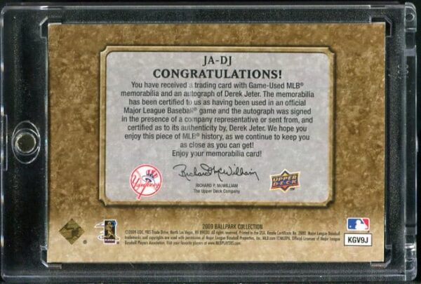 Authentic Autographed 2000 Upper Deck Ballpark Collection #JA-DJ Derek Jeter Game-Used Jersey Swatch Baseball Card