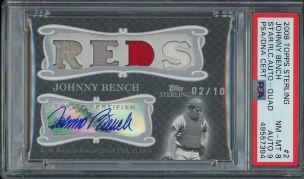 Authentic Autographed 2008 Topps Sterling Stardom #2 Quad Relics Baseball Card Johnny Bench