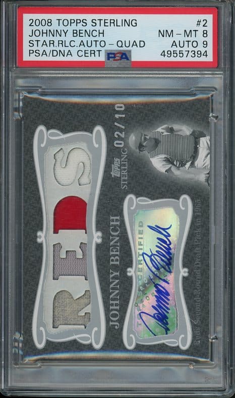 Authentic Autographed 2008 Topps Sterling Stardom #2 Quad Relics Baseball Card Johnny Bench