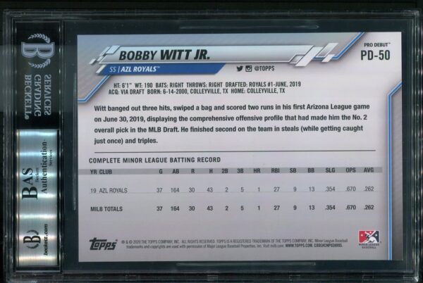 Authentic Autographed 2020 Topps Pro Debut #PD50 Gold Jumbo 5x7 Bobby Witt, Jr. Beckett BGS Card