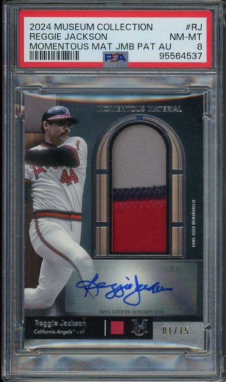 Authentic Autographed 2024 Topps Museum Collection Reggie Jackson #RJ Momentous Materials 3 Color Patch PSA 8 Baseball Card