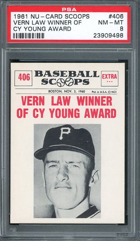 Authentic 1961 Nu-Card Scoops #406 Vern Law PSA 8 Baseball Card