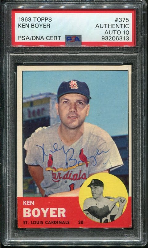 Authentic 1963 Topps #375 Ken Boyer Autographed Baseball Card